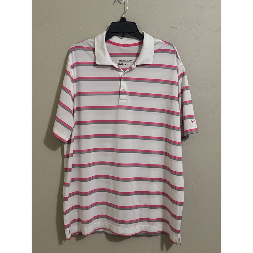 Nike Golf Polo Mens XL Dri-FIT Tour Performance Striped White Pink Golf Shirt